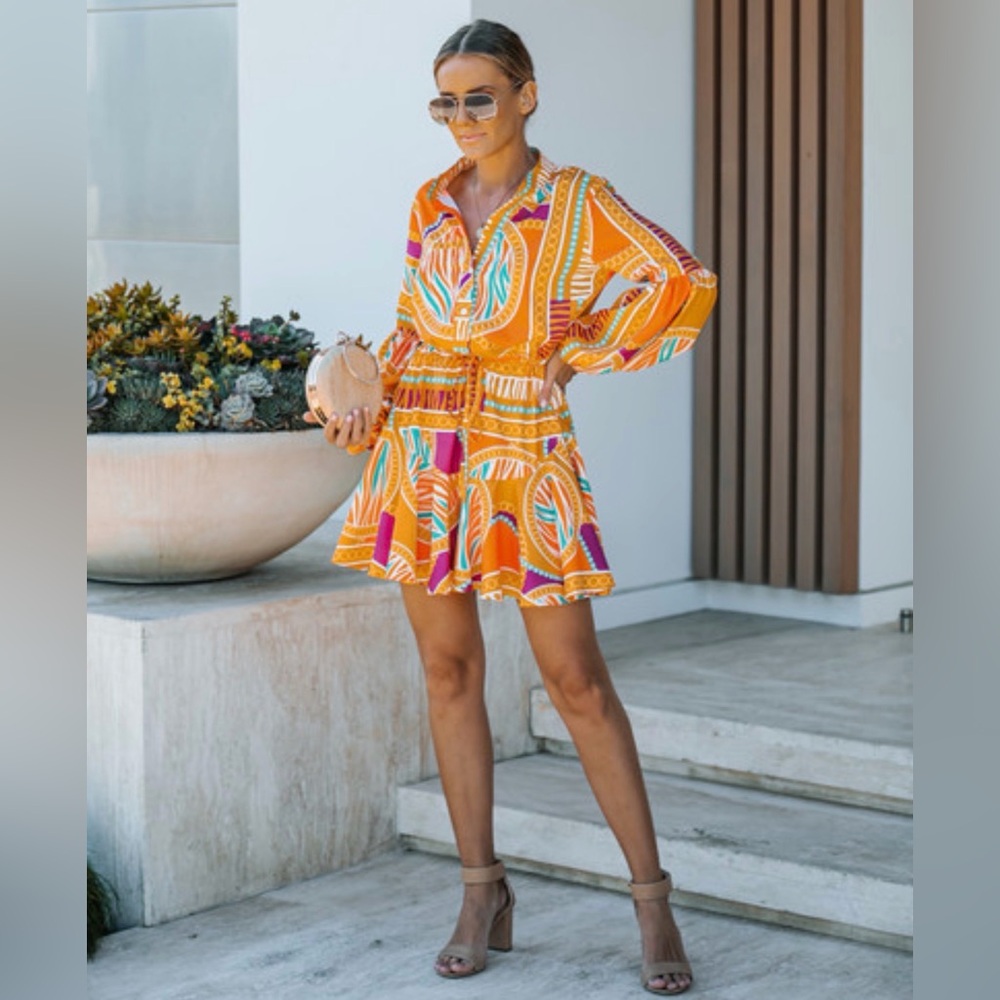 ✨🧡 Lavender J Abstract Retro Print Tie-Waist Mini Dress‎ Medium 🧡✨